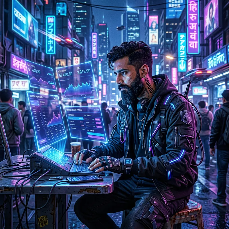 Bearded Man with DDRU1D Tattoo in Cyberpunk Style, Cryptocurrency Trader Bearded Man with DDRU1D Tattoo in Cyberpunk Style, Cryptocurrency Trader
