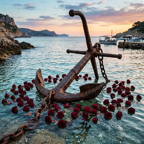 Rustic Ship Anchor with Dark Red Roses | Seascape Beauty