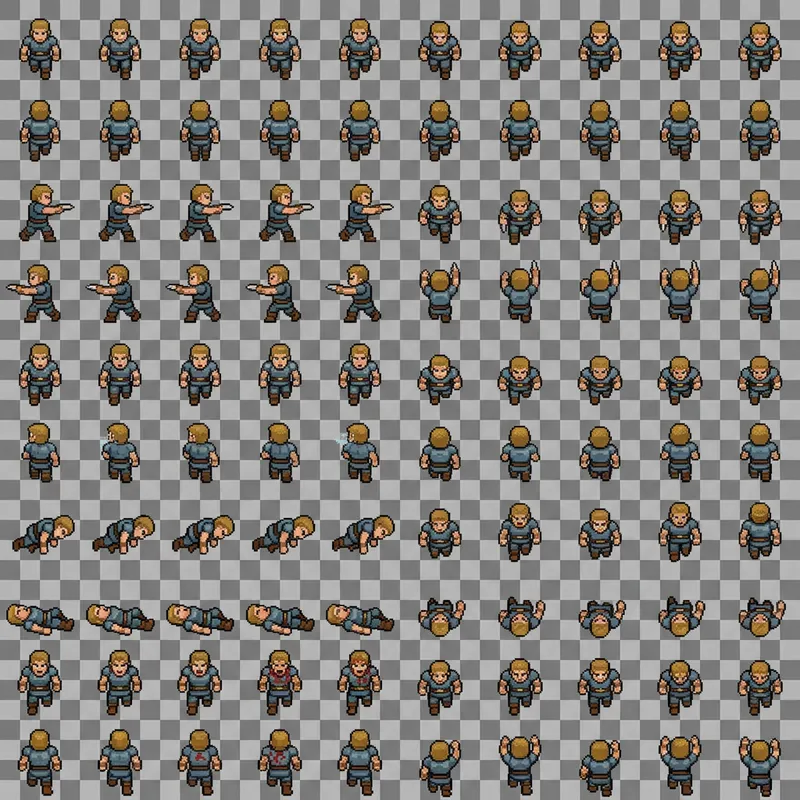 Pixel Art Design of Caucasian Male Warrior Character for Top-Down Game