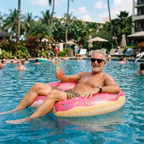 Grandfather in Leopard Print Swim Trunks enjoying Pool Time