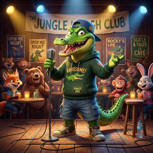 Humorous 3D Teenage Crocodile Cartoon Scene