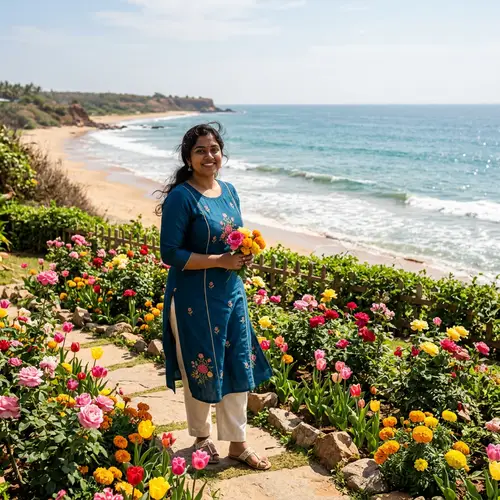 Curvy South Asian Woman in Elegant Garden by the Seaside