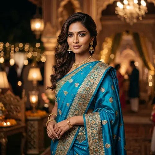 Beautiful South Asian Woman in Blue Sari | Grace & Elegance
