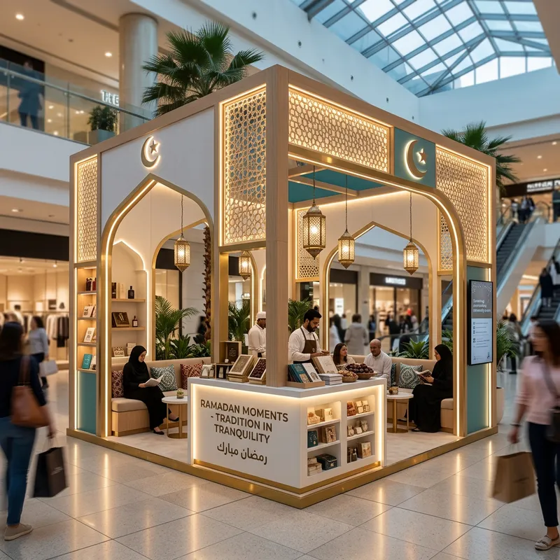 Modern and Creative Ramadan Stand Mockup in Busy Mall | Islamic Design