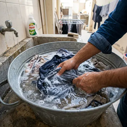Middle-Eastern Person Hand Washing Clothes - Basin Camera Shot