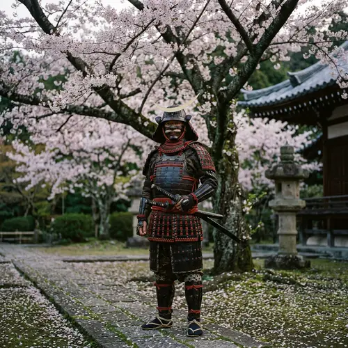 Japanese Warrior with Mask and Cherry Blossom