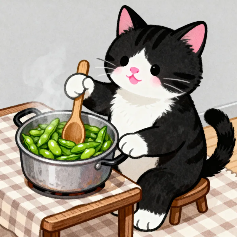 Black and White Cat Making Green Beans