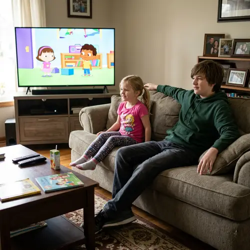14-Year-Old Boy in Diaper Watching TV with 6-Year-Old Girl