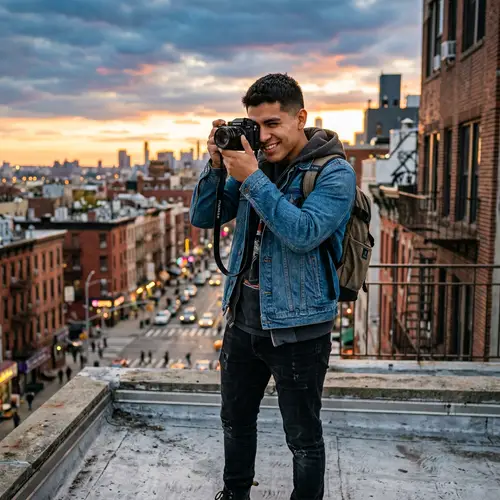 Young Male Photographer with Short Hair Capturing the Perfect Shot