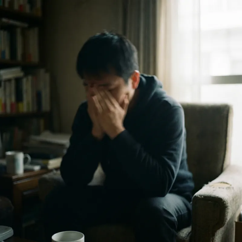 Portrait of Despair: Depressed Asian Man in Emotional Blur