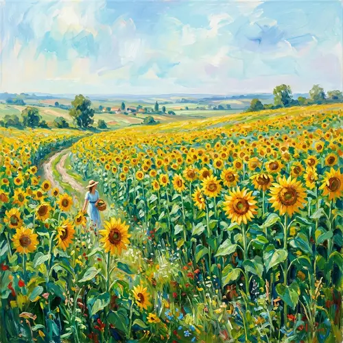Beautiful Sunflower Field Impressionist Painting