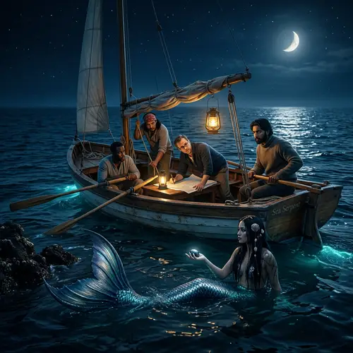 Enchanting Mermaid Captivates Diverse Sailors | Ocean Night Scene