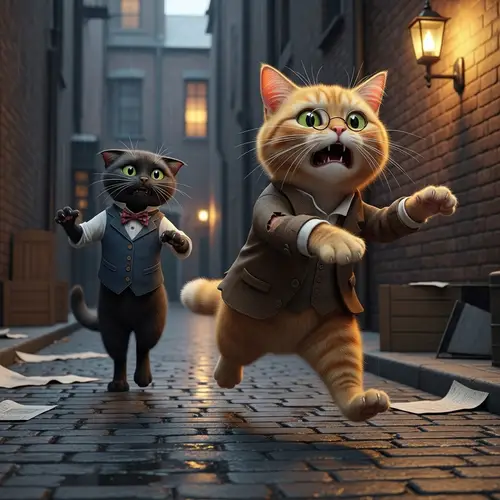 Cats in Human Clothes Running Scared