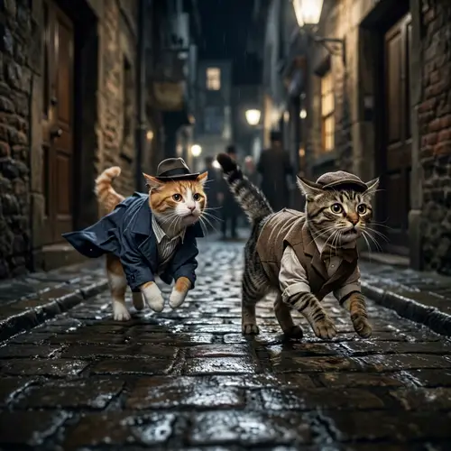 Cats in Human Clothes Running Scared