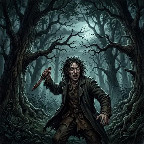 Eerie Forest Book Cover: Wild-eyed Individual with Knife