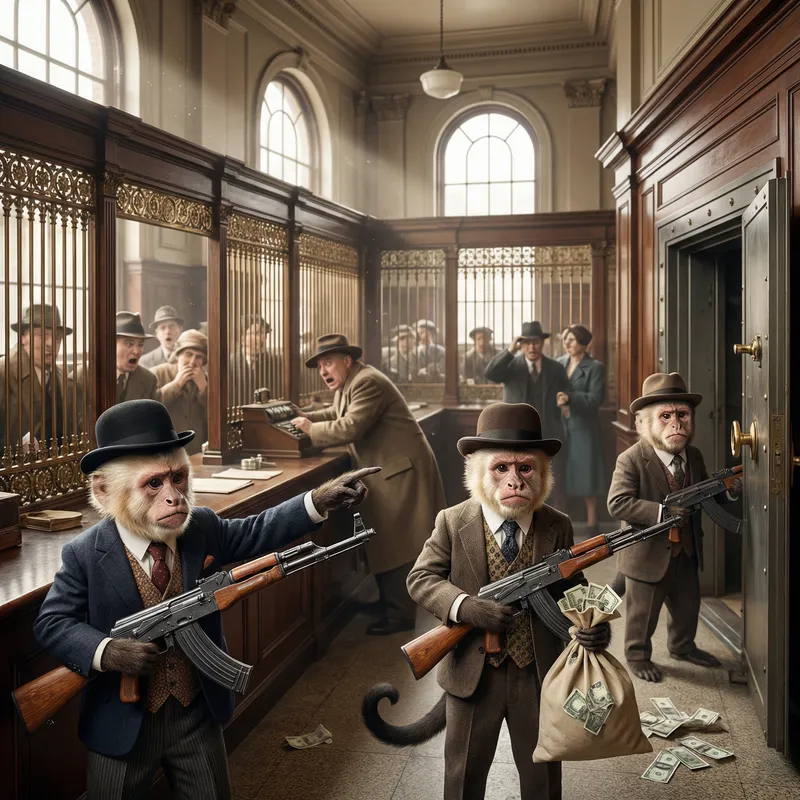 Elegant Monkeys with AK-47s in Bank Heist