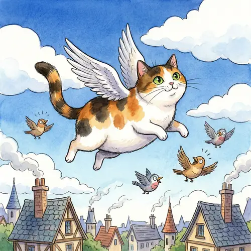 Whimsical Flying Cat Illustration | Magical Scene with Calico Feline