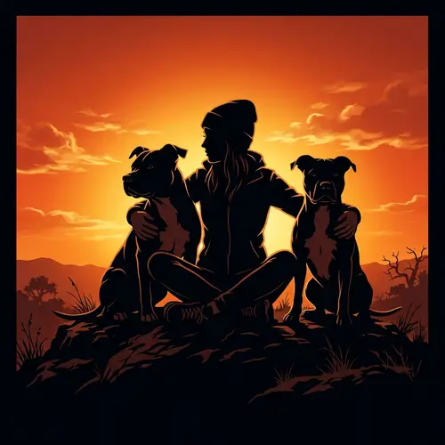 Dramatic Silhouette Art of Woman and Pitbulls
