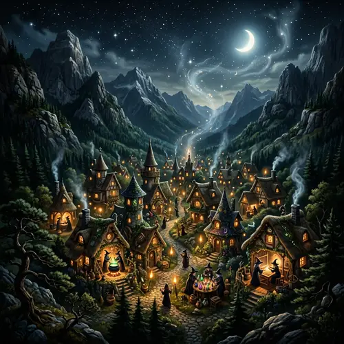 Charming Nighttime Witch Village in the Valley