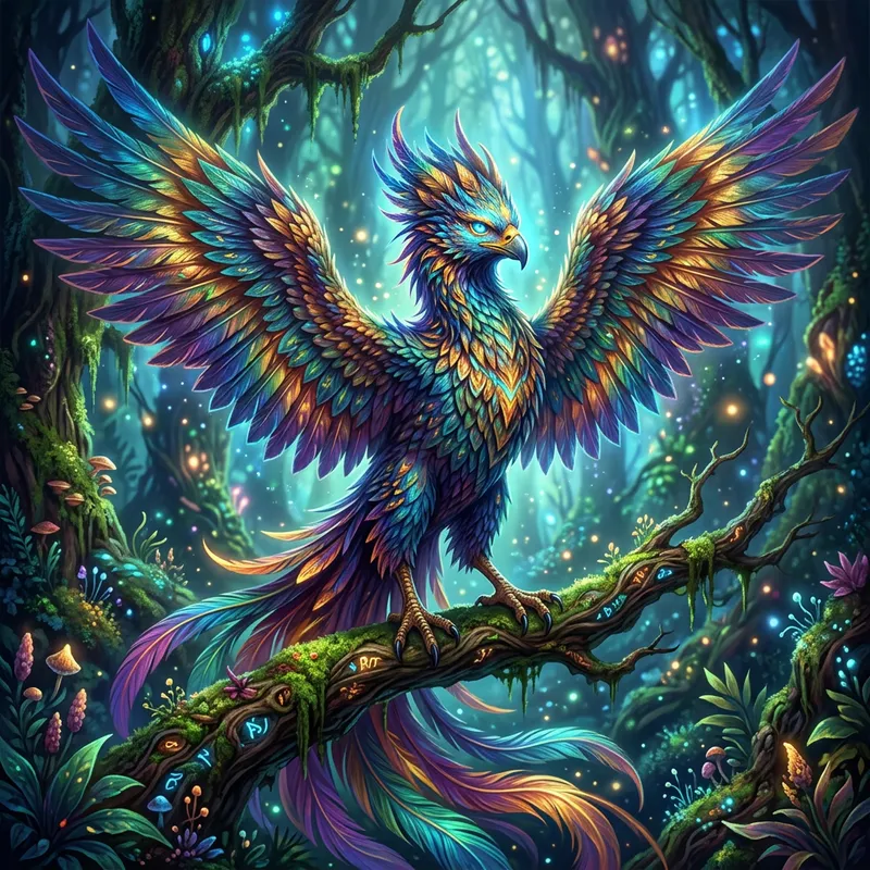 Majestic Mystical Creature: Vibrant Feathers, Glowing Eyes