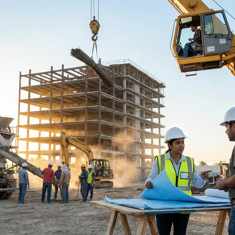 Dynamic Construction Scene: Diverse Workers in Morning Light Dynamic Construction Scene: Diverse Workers in Morning Light