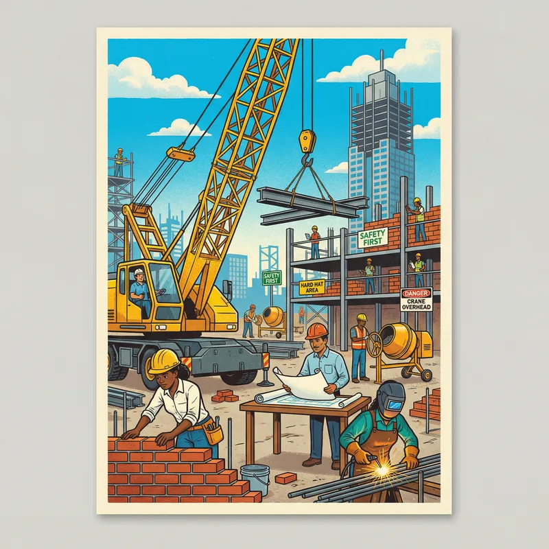 Colorful Building Construction Poster with Diverse Workers