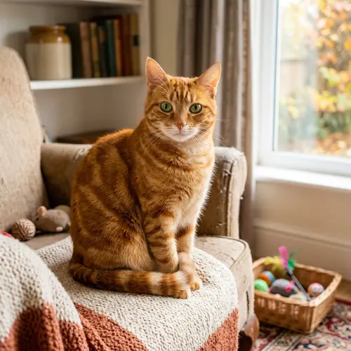 Beautiful Orange Cat Sitting Comfortably | Cozy Home Environment