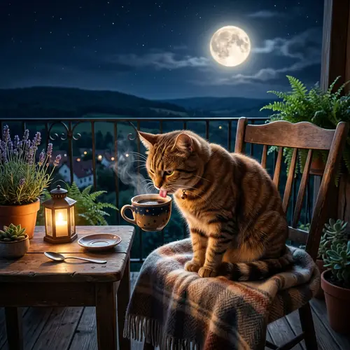 Cat Drinking Coffee Under Moonlight