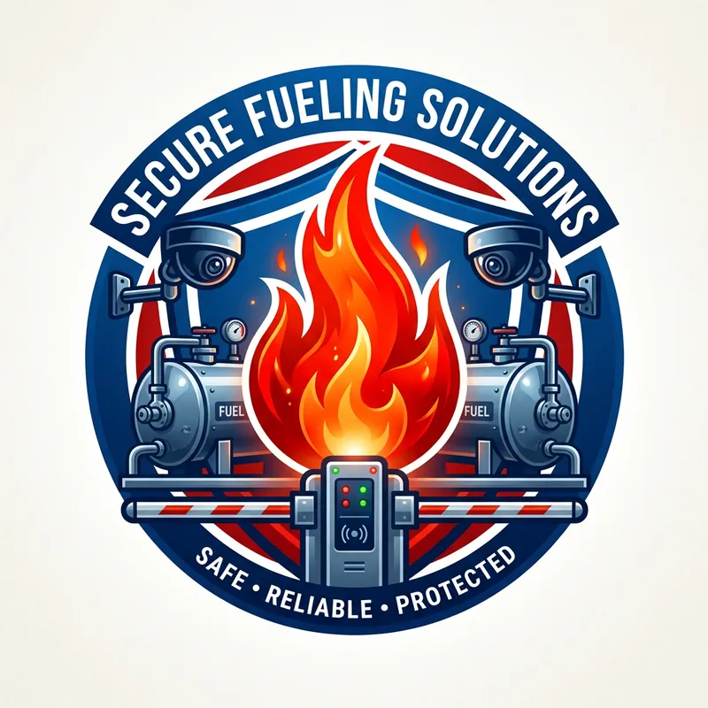 Realistic and Lively Blue and Red Logo with Flame, Fuel Tanks, and Surveillance