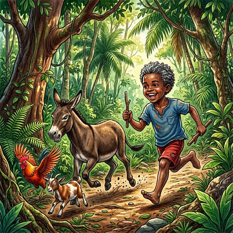 Detailed Haitian Child Playing in Woods with Donkey, Goat, and Rooster