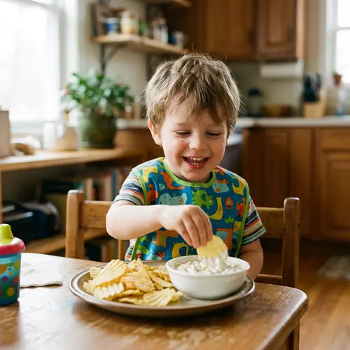 Fun Snack Time: Kids Eating Chips and Dip