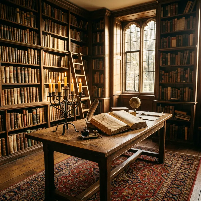 Vintage Library Scene | Classic Books, Antique Table, Quill Pen