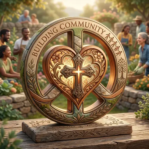 3D Peace Symbol with Heart and Cross - Building Community