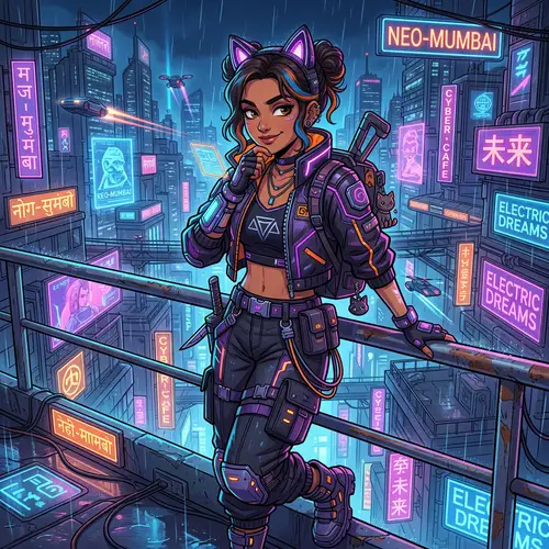Anime Girl with Cyberpunk Cat Ears in Futuristic Metropolis