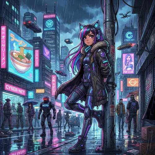 Cyberpunk Anime Girl with Cat Ears | Futuristic Cityscape Art