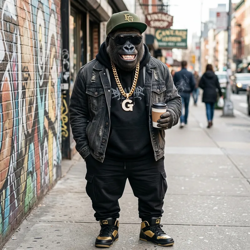 Hip Hop Gorilla Smiling with Coffee - The Cool Urban Vibes