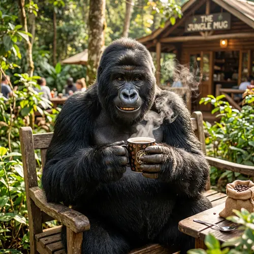 Smiling Gorilla Enjoying Fresh Coffee - Captivating Image
