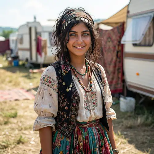 Captivating Gypsy Woman: Dark Hair, Blue-Green Eyes, Youthful Charm