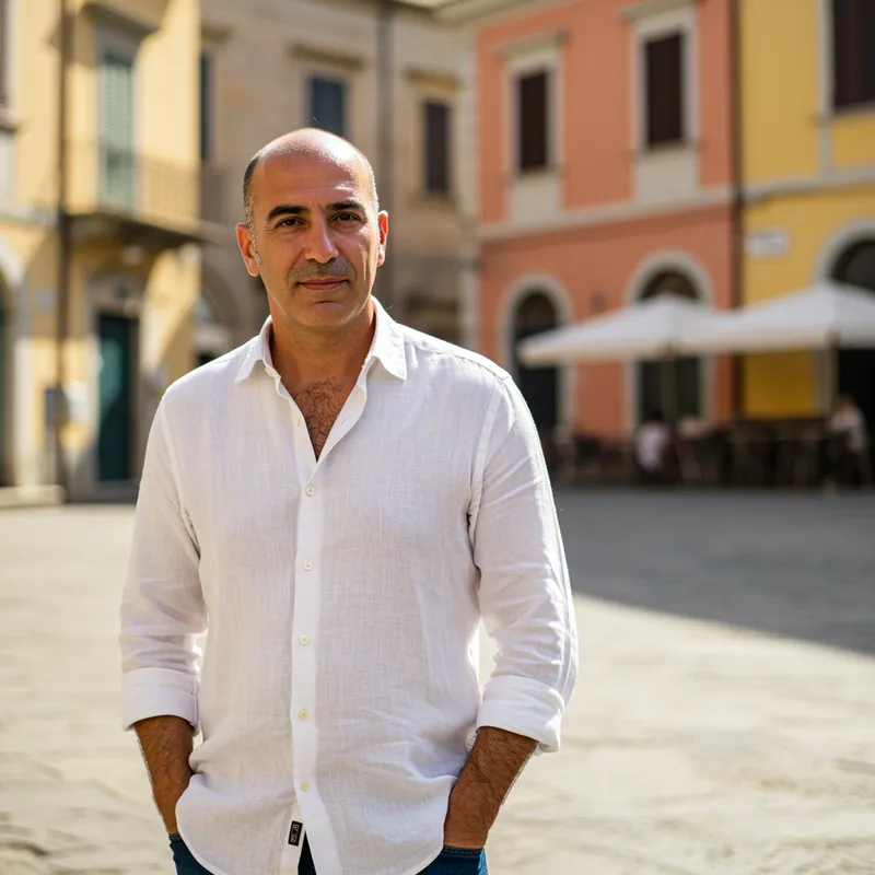 Italian Heritage Man with Bald Head and Brown Eyes