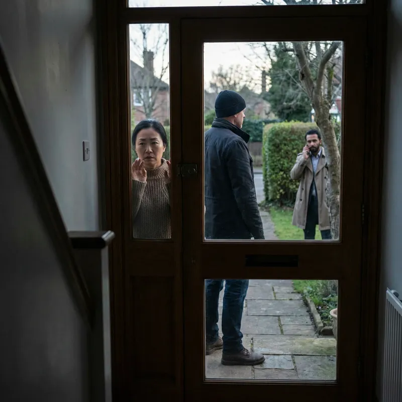 Suspenseful Encounter: Woman Spying Through Door's Window