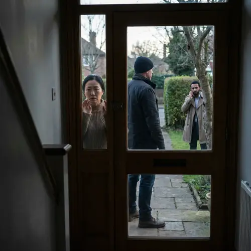 Suspenseful Encounter: Woman Inside House, Men Outside