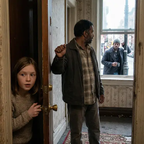 Detailed Hotel Scene: Girl Peering from Door, Men Waiting and Watching