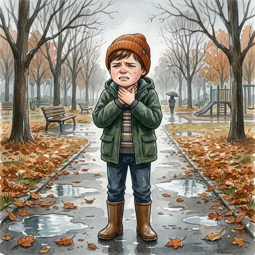 Child Sore Throat Illustration - Uncomfortable Boy in Park