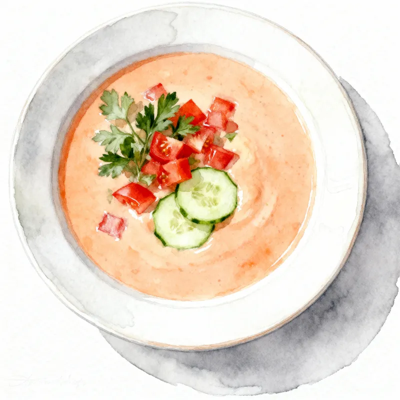 Delicate Watercolor Gazpacho Plate Illustration
