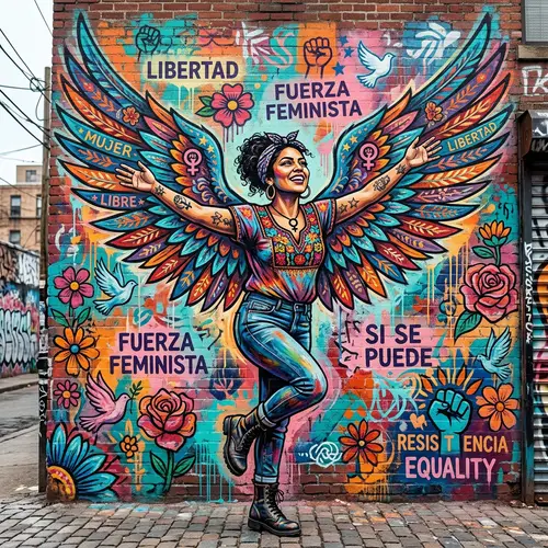 Vibrant Mural of Freedom: Hispanic Woman with Wings
