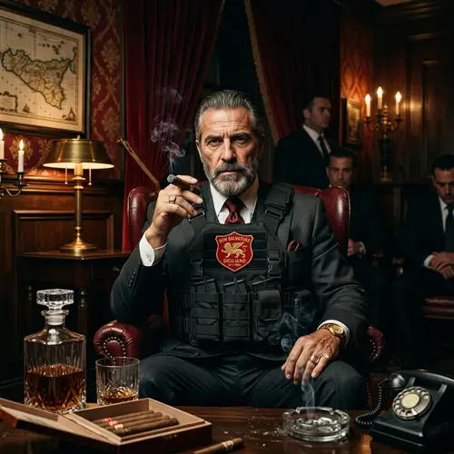 Mafia Godfather in Military Vest - Bold Red Theme