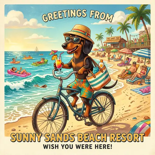 Dachshund in Stylish Beach Attire Enjoying Bike Ride on Sandy Shoreline