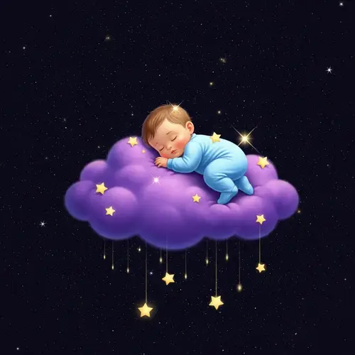 Dreamy Baby on Purple Cloud with Raining Stars