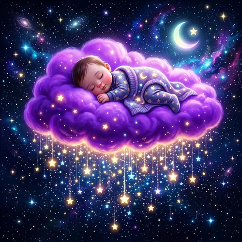Dreamy Baby on Purple Cloud with Raining Stars