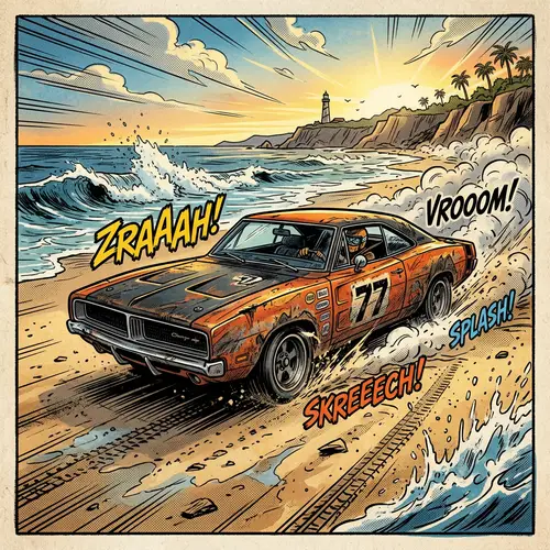 Comic Style Car Drifting on the Beach